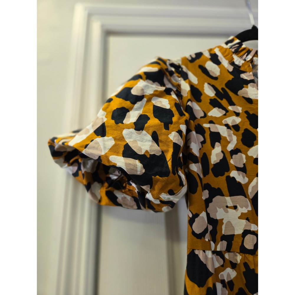 Mud Pie Mustard Yellow Abstract Animal Print Tiered Puff Sleeve Midi Dress Small - Picture 3 of 9